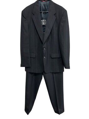 Botany 500 Mens Black Pinstripe Wool Suit Two-Button Jacket & Trousers Set
